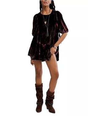 Free People Velvet Mini Dress Small Boho Tunic Burgundy Floral Keyhole Back